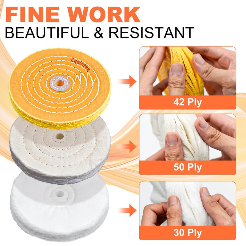 Ceeintee 8 Pack 6 Inch Polishing Wheel for Bench Grinder, Include 1/2" Arbor Hole 2 Yellow Cotton(42Ply), 2 White Cotton Polish Wheels(50Ply), 1 Soft Flannel Buffing Wheel(30Ply)& 3 Polishing Compound - Image 4